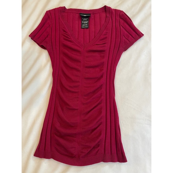 It's Our Time Sweaters - Its Our Time Magenta Pink Ruched V-Neck Ribbed Short Sleeve Sweater Top Small